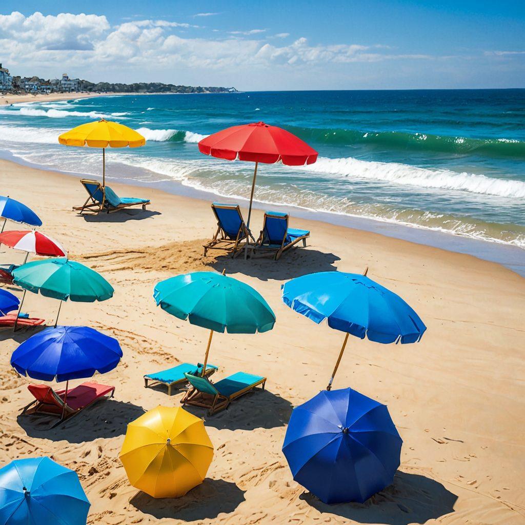 A stylish beach scene featuring casual gamers in trendy, vibrant beachwear, lounging under colorful umbrellas, playing handheld gaming devices. Include surfboards leaning against the beach, and a beach ball playfully rolling in the sand, all with a lively, sunny atmosphere. The backdrop should showcase clear blue skies and gentle waves, emphasizing the fun and relaxation of summer. super-realistic. vibrant colors. sunny day.