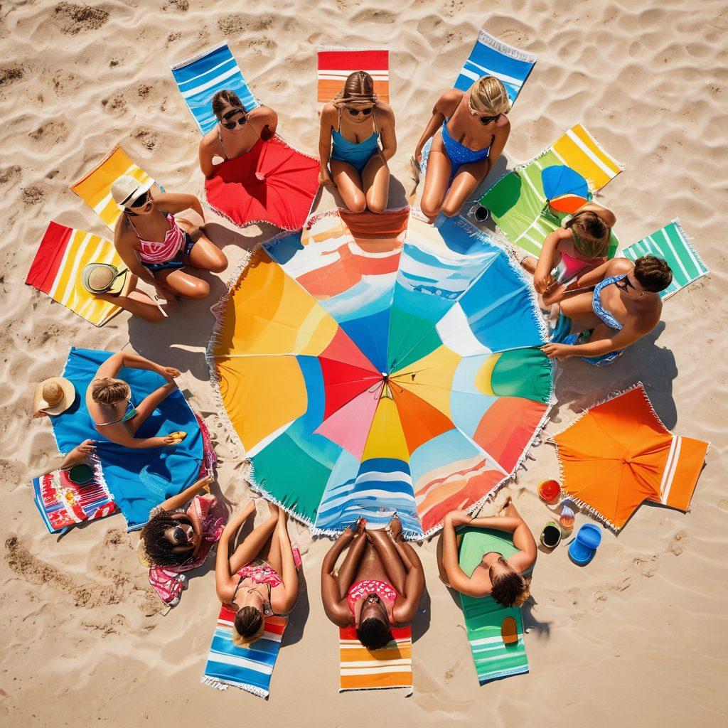 A vibrant beach scene featuring people playing card games while wearing stylish swimwear, with the ocean waves crashing in the background. Include elements like colorful beach umbrellas and stylish sunglasses to highlight fashion and fun. The atmosphere should be lively with a sense of excitement and relaxation. super-realistic. vibrant colors. beach theme.