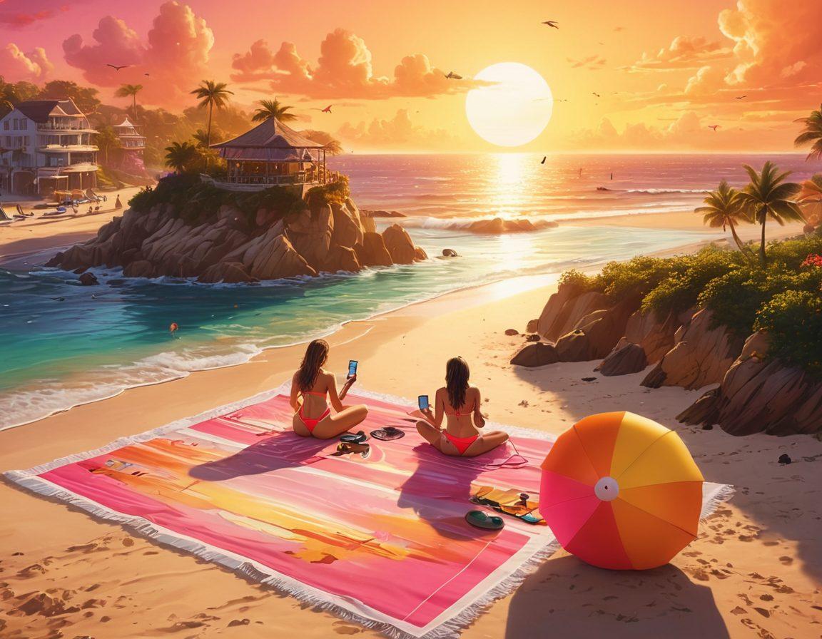 A vibrant beach scene featuring a diverse group of stylish gamers, showcasing an array of trendy bikinis and beachwear while engaging with video game consoles. Colorful umbrellas and beach balls scattered around, with a dramatic sunset creating a warm ambiance. Incorporate elements like pixel art graphics visible on the beach towel designs. super-realistic. vibrant colors. tropical setting.